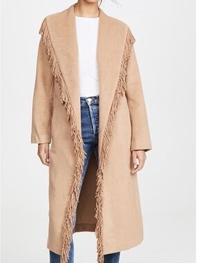 Line & Dot Fringe-Trim Long Trench Coat - Camel